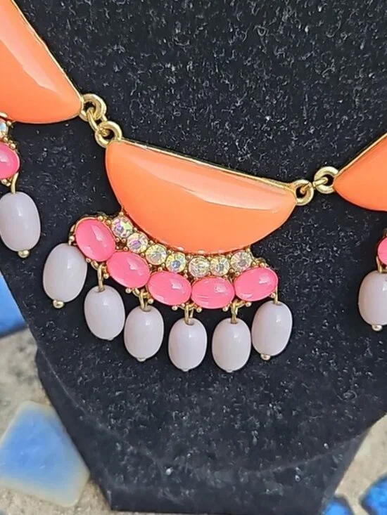 Bejeweled Statement Necklace. Peach Pink Gray AB Stones Necklace. - Picture 3 of 4
